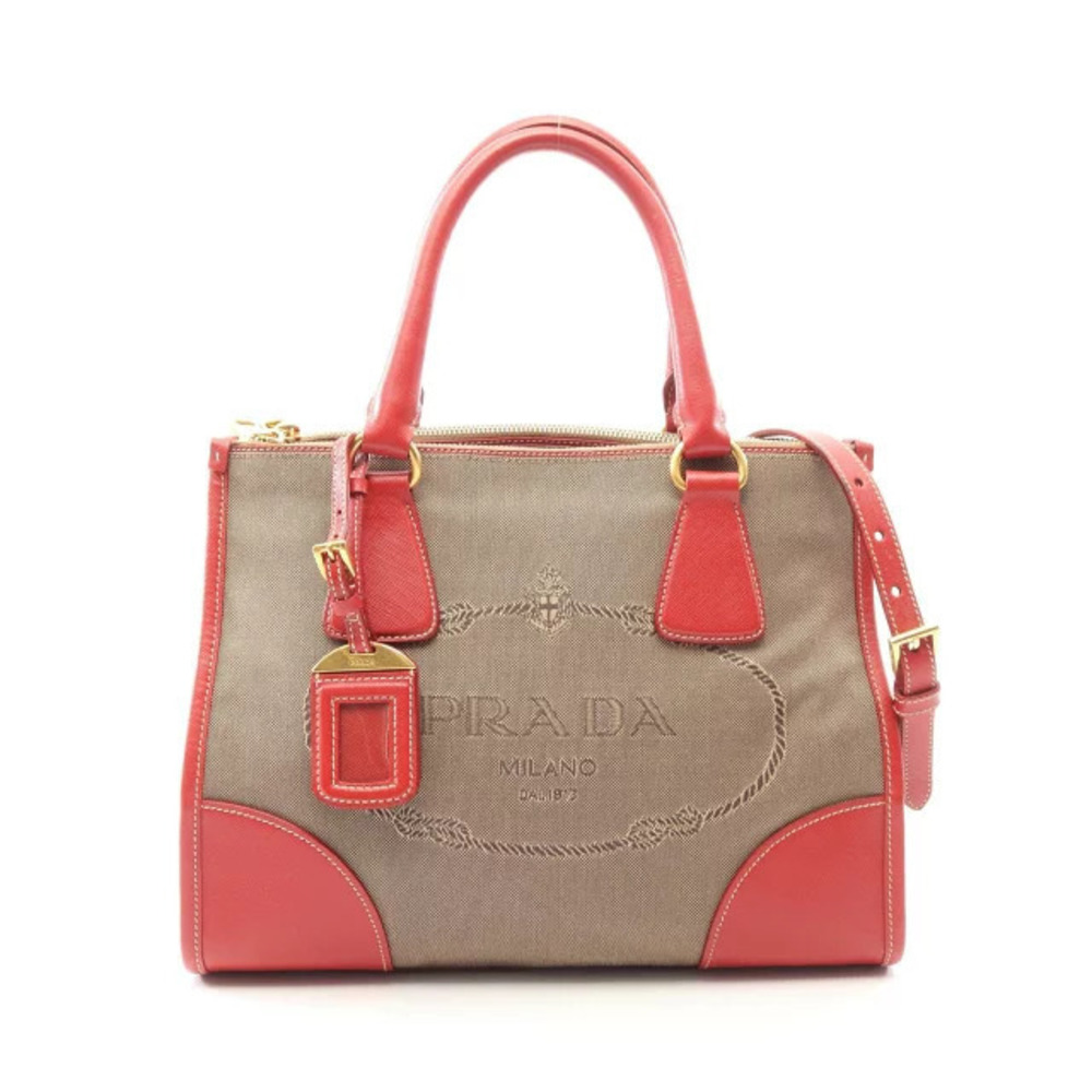 Prada Jacquard Handbag Canvas Leather Beige Cream Red